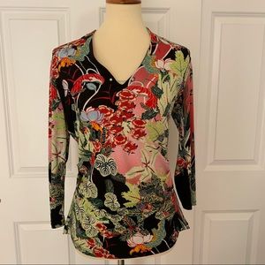 New York & Company Print Ruched V Neck Blouse